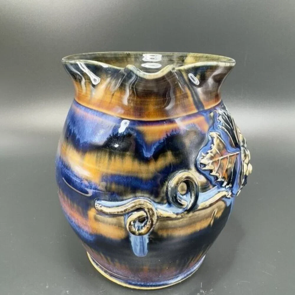 Greg Olson Studio Art Pottery Pitcher Carafe Jug Heavy Glaze Grape Signed‎ VTG